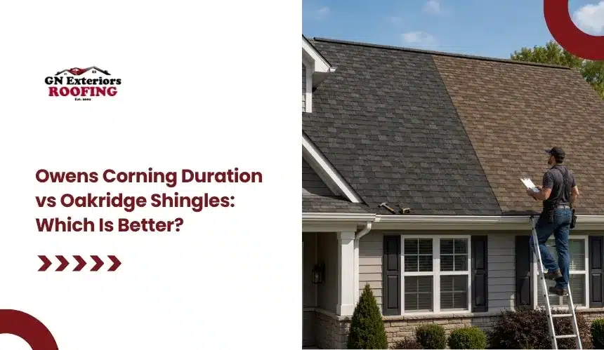 GN Exteriors guide on common causes of skylight leaks featuring a contractor inspecting flashing on a residential roof