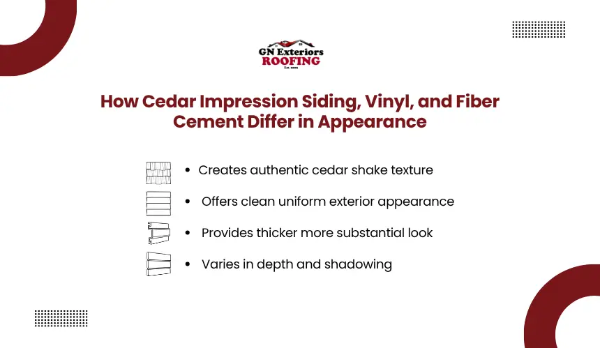 Visual appearance profile and texture comparison of cedar impression vinyl and fiber cement siding panels by GN Exteriors Roofing.