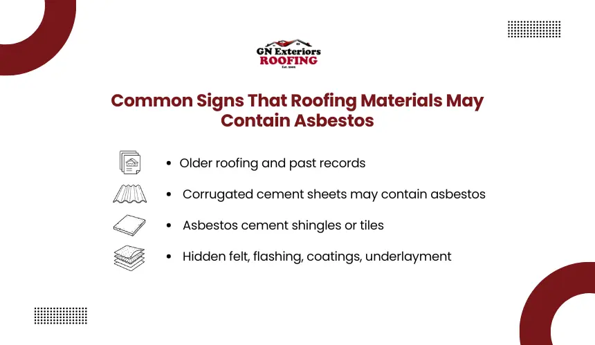 Common indicators and structural signs of potential asbestos components in older roofing by GN Exteriors Roofing.