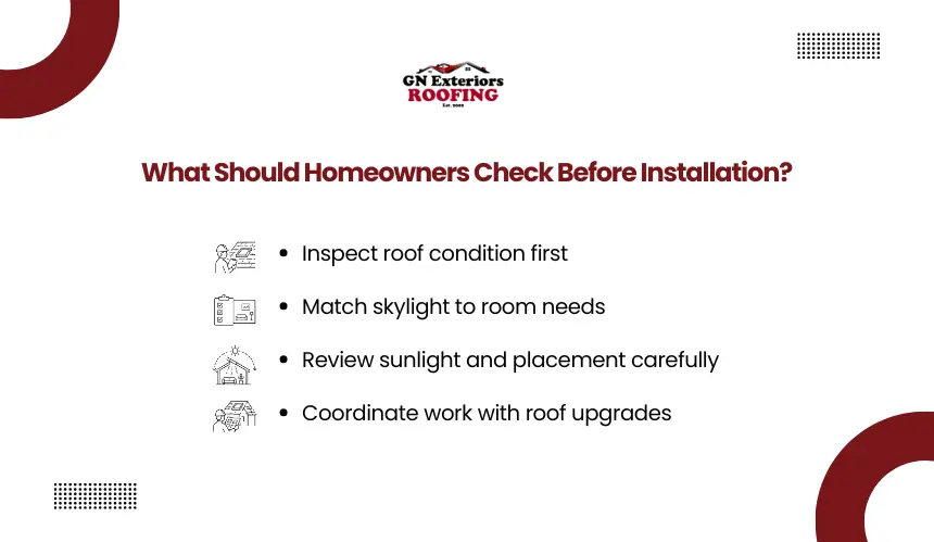 Homeowner skylight installation checklist and roof condition check by GN Exteriors Roofing.